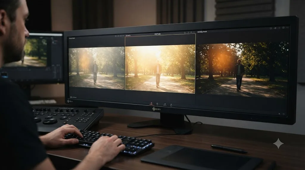 Illustration comparing a DaVinci Resolve light leak overlay applied with Screen, Add, and Multiply composite modes side by side