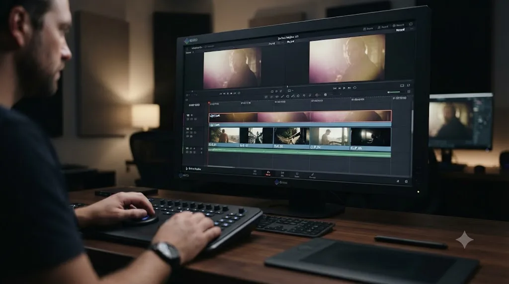 Illustration of a DaVinci Resolve timeline reusing a single light leak Compound Clip across multiple cuts in a sequence