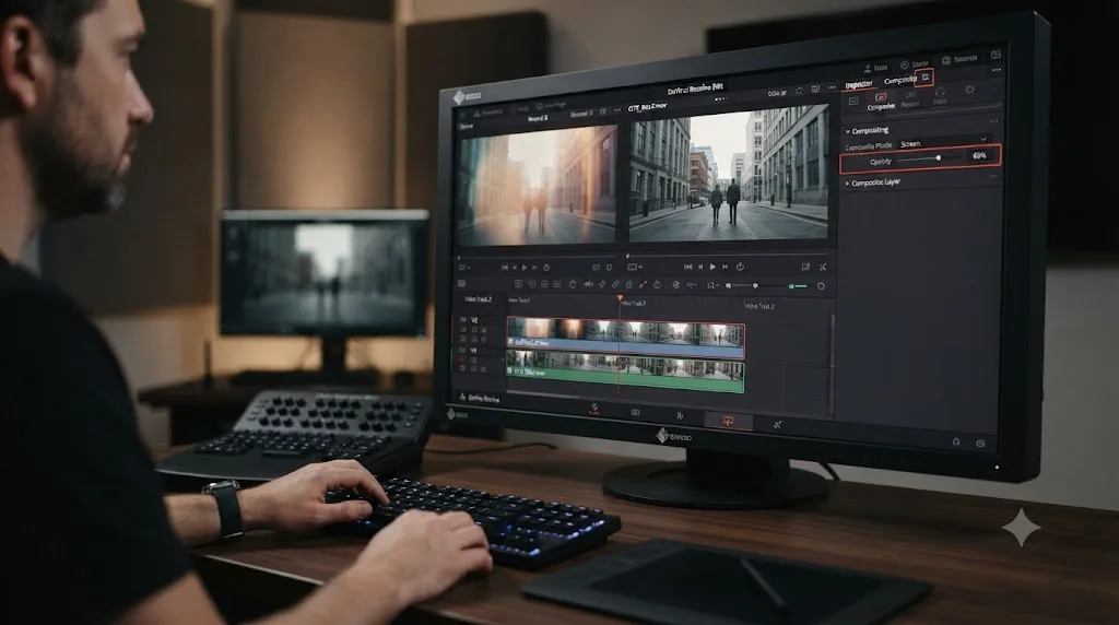 Illustration of the DaVinci Resolve Inspector Composite tab with Composite Mode set to Screen and Opacity adjusted