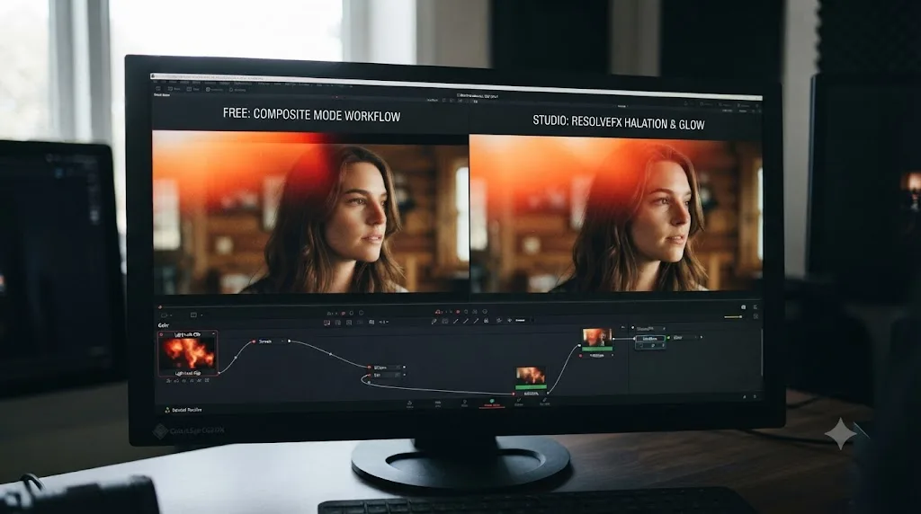 Illustration comparing the free DaVinci Resolve Composite Mode light leak workflow against Studio-only ResolveFX Halation and Glow plugins