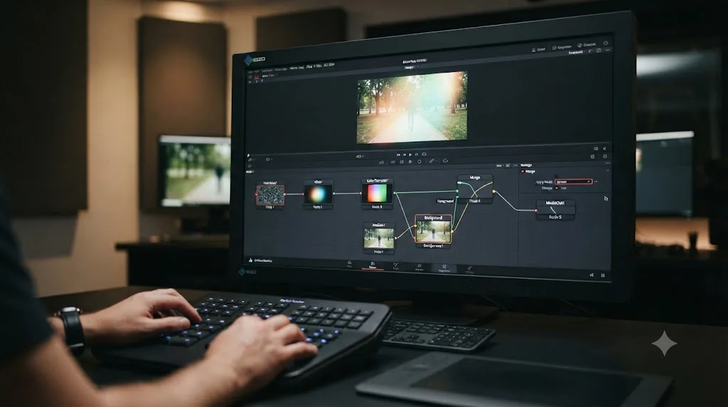 Illustration of a DaVinci Resolve Fusion node tree building a synthetic light leak from a Glow node and a Merge node set to Screen