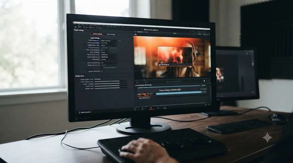 Illustration of a DaVinci Resolve render cache and codec transcoding workflow for smoother playback of a light leak overlay clip