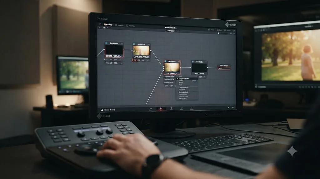 Illustration of a DaVinci Resolve Color page node graph using a Layer Mixer node to composite a light leak overlay with Screen mode