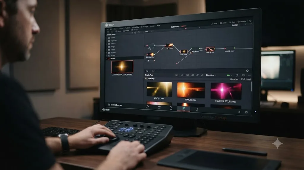 Illustration of a saved DaVinci Resolve Fusion macro for a light leak effect alongside a Media Pool bin of overlay source clips