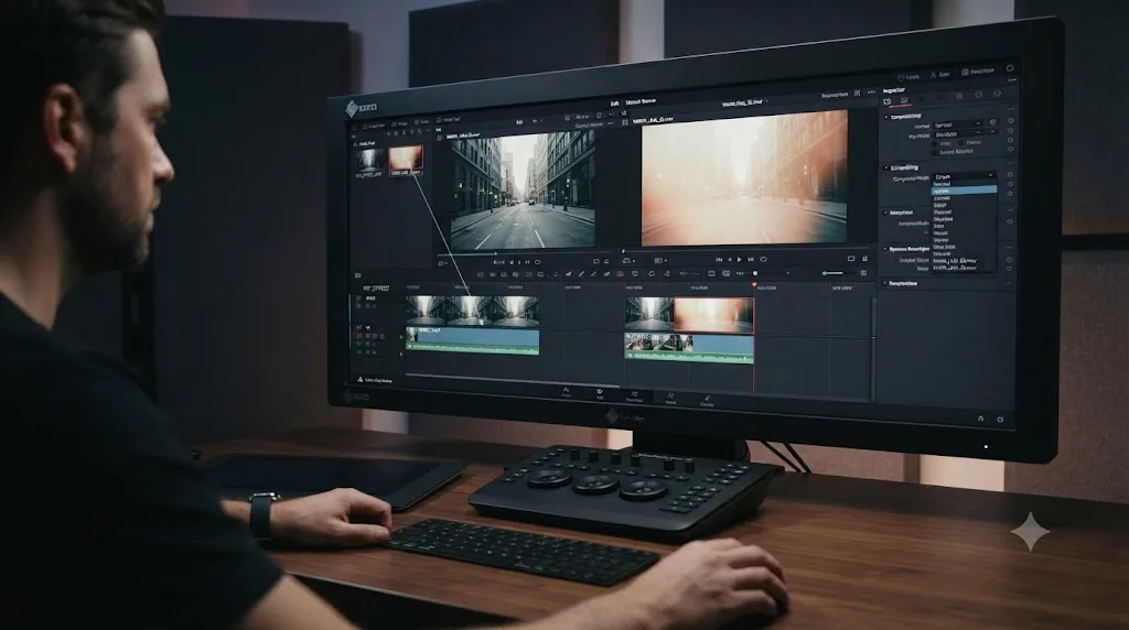 Illustration of a step-by-step DaVinci Resolve workflow placing a light leak overlay above footage and switching Composite Mode to Screen