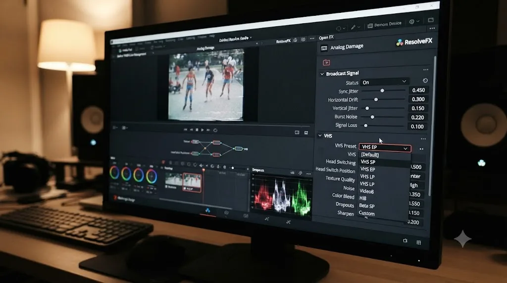 Illustration of the DaVinci Resolve Studio Analog Damage effect panel with Broadcast Signal and VHS artifact controls