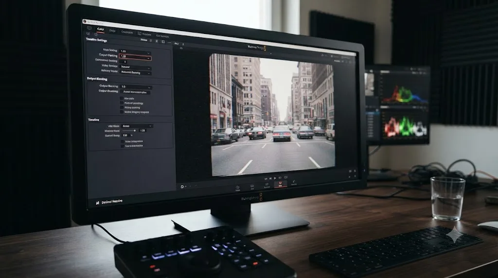 Illustration of a DaVinci Resolve timeline cropped to a 4:3 pillarboxed frame for a VHS retro look