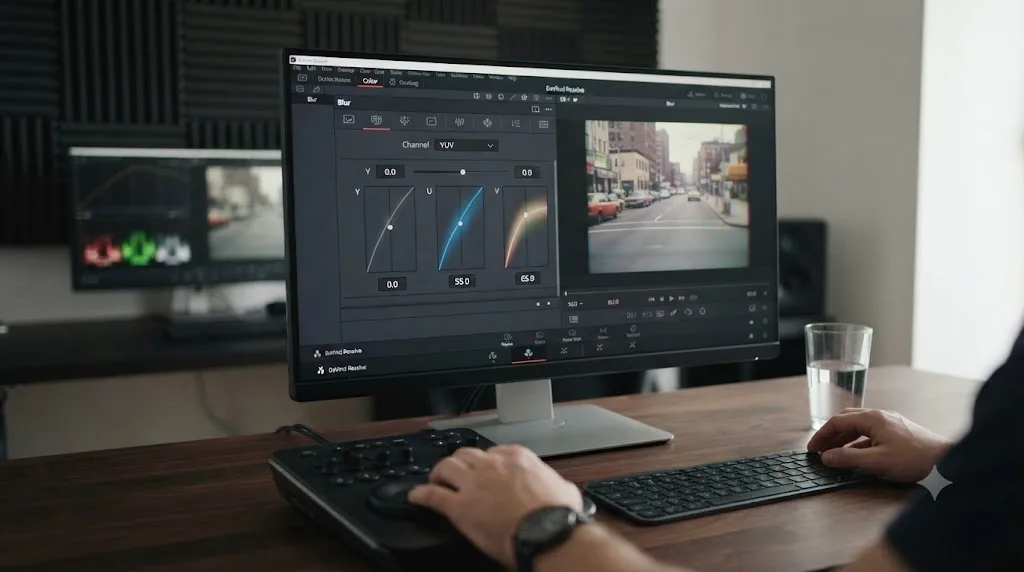 Illustration of a DaVinci Resolve node in YUV color space with only the chroma channels blurred for VHS color bleed