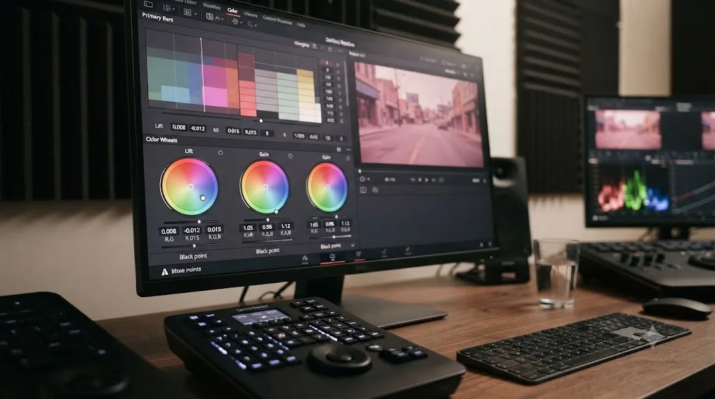 Illustration of the Lift and Gain color wheels in DaVinci Resolve pushed toward a warm magenta VHS color cast