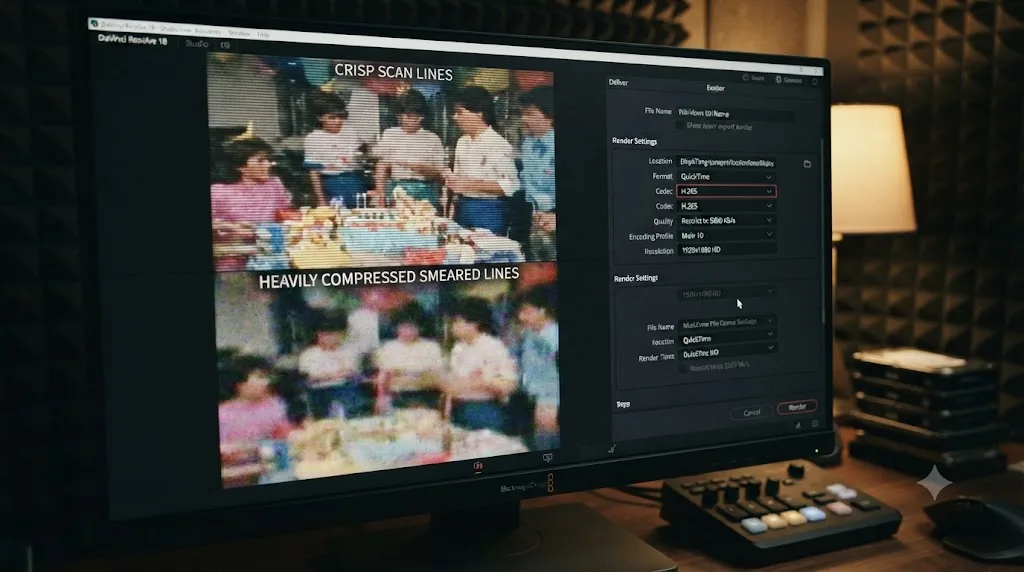 Illustration of a DaVinci Resolve export settings panel next to a comparison of crisp scan lines against the same scan lines smeared by heavy video compression