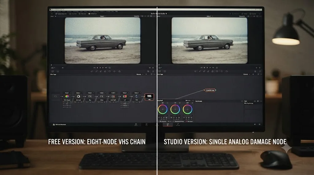 Illustration comparing the free-version eight-node VHS chain against the single Studio-only Analog Damage node