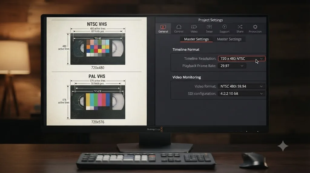 Illustration comparing NTSC and PAL VHS frame specifications side by side with a DaVinci Resolve project settings panel