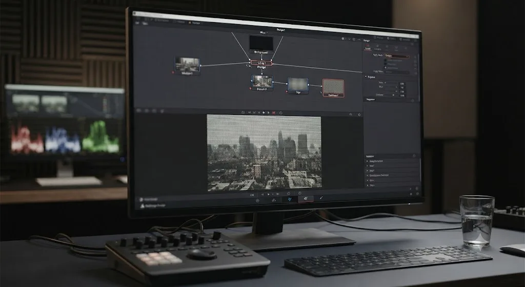 Illustration of a tiled scan-line pattern built in DaVinci Resolve Fusion and merged over footage in Multiply mode