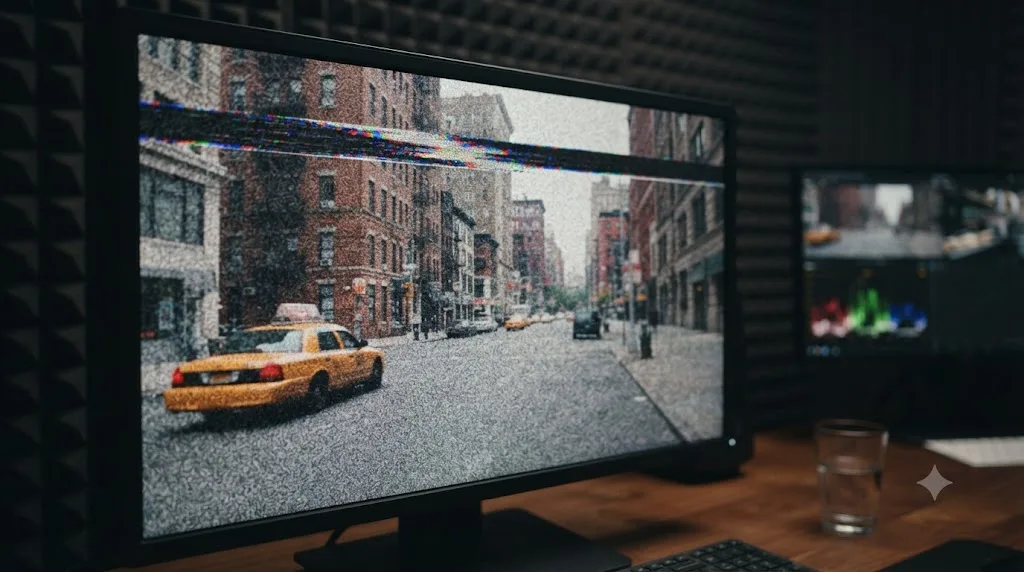 Illustration of tape static and a horizontal dropout band composited over footage for a VHS retro look