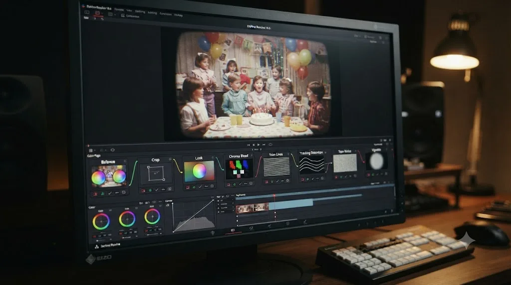 Illustration of a complete eight-node DaVinci Resolve chain producing a finished VHS retro grade on a home video clip