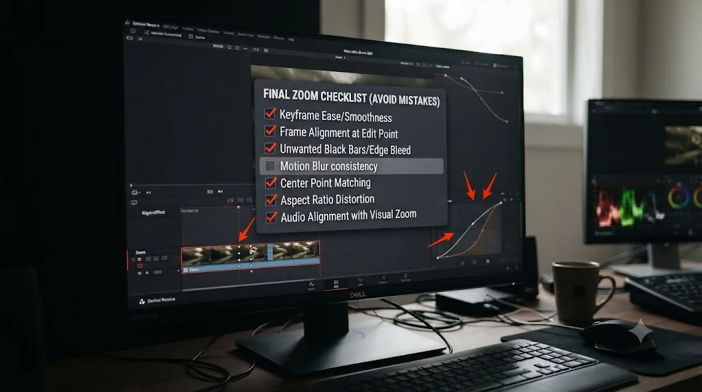 Illustration of a checklist for avoiding common zoom transition mistakes in DaVinci Resolve