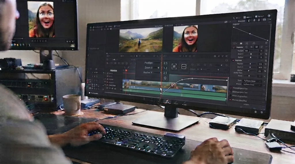 Illustration of the DaVinci Resolve 21 keyframe curve editor with Bezier ease handles on a Zoom parameter