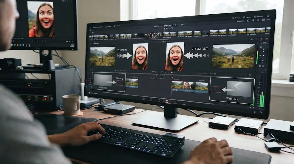 Illustration comparing correct continuous zoom direction with incorrect reversed direction across a DaVinci Resolve cut