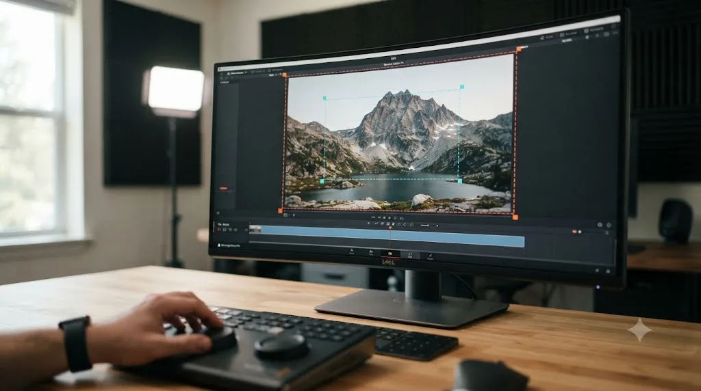 Illustration of the Dynamic Zoom overlay setting framing on a still photo in DaVinci Resolve