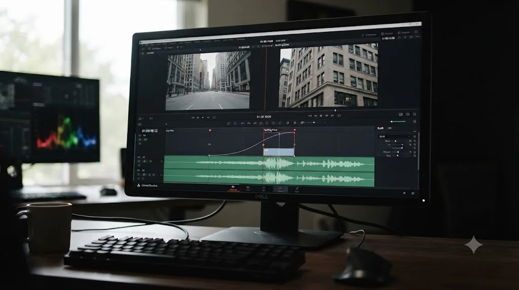 Illustration of a completed zoom transition with aligned keyframes and audio in DaVinci Resolve
