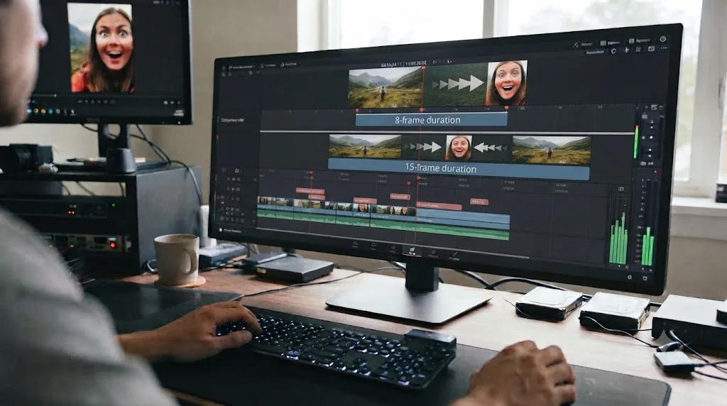 Illustration comparing short and long zoom transition durations on a DaVinci Resolve timeline