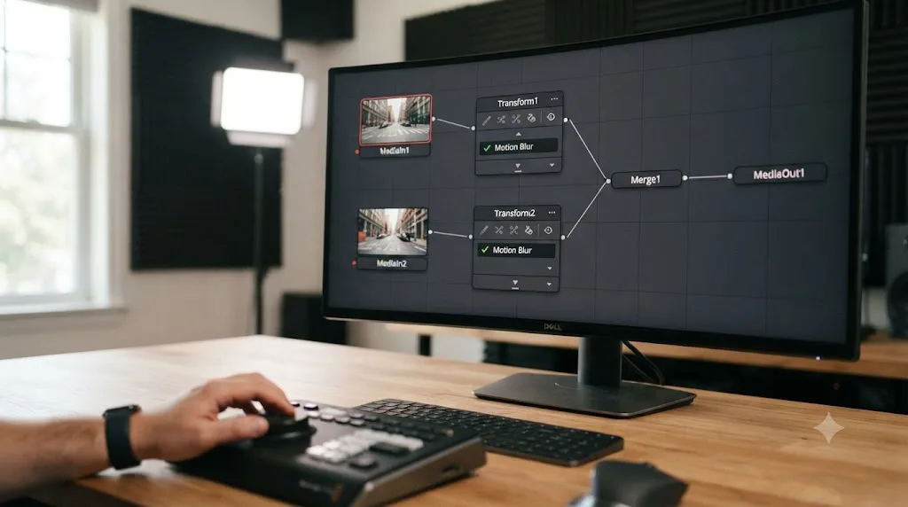 Illustration of a Fusion node graph building a zoom transition with Transform and Merge nodes in DaVinci Resolve