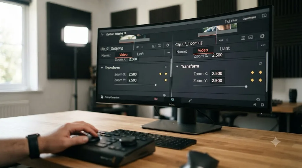 Illustration of matched Zoom values on two clips in the DaVinci Resolve Inspector at a cut point