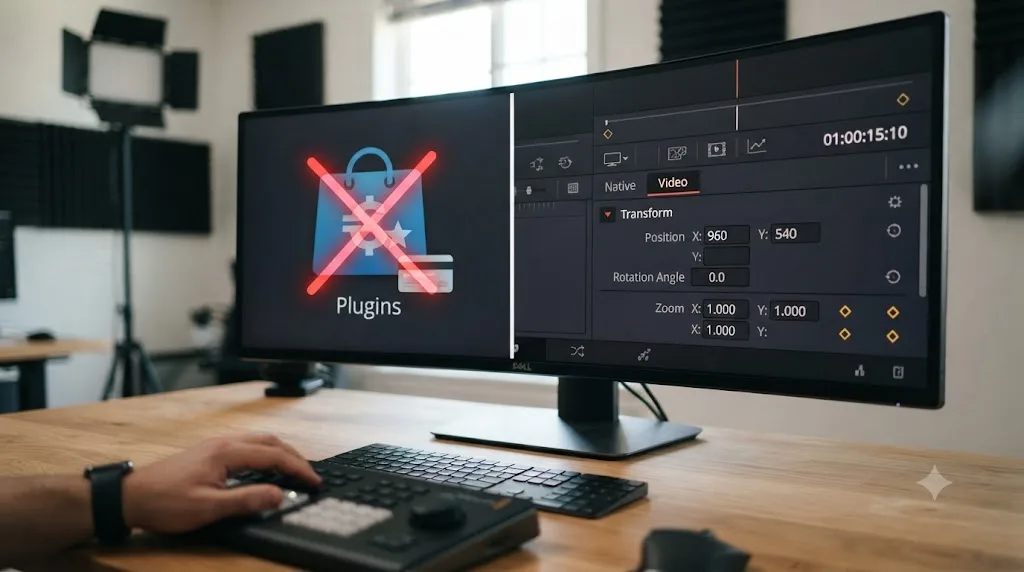 Illustration comparing a paid plugin icon against native DaVinci Resolve keyframe controls