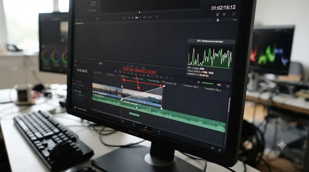 Illustration of GPU performance during real-time preview of a zoom transition in DaVinci Resolve