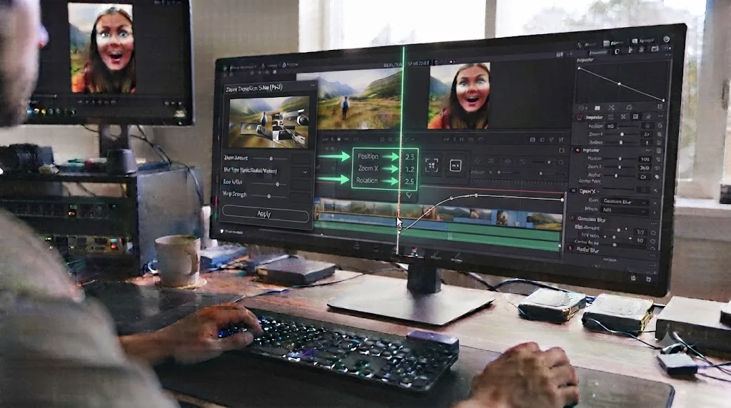Illustration comparing a paid zoom transition plugin against native DaVinci Resolve Transform and blur controls