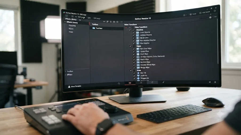 Illustration of the DaVinci Resolve Toolbox video transitions panel with no zoom transition preset