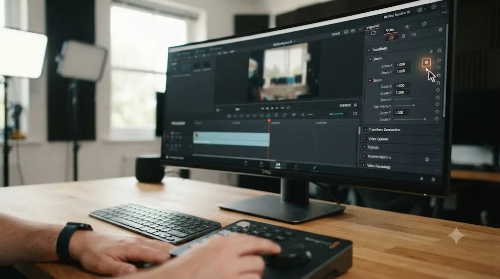 Illustration of a Zoom keyframe being set in the DaVinci Resolve Inspector Transform panel