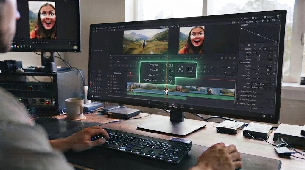 Illustration of a mismatched zoom transition keyframe causing a jump at the cut in DaVinci Resolve