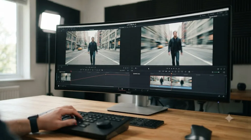 Illustration contrasting a slow Dynamic Zoom effect with a fast blurred zoom transition in DaVinci Resolve