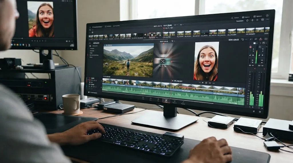 Illustration of a Zoom Blur transition on a vertical 9x16 DaVinci Resolve timeline for Reels or TikTok