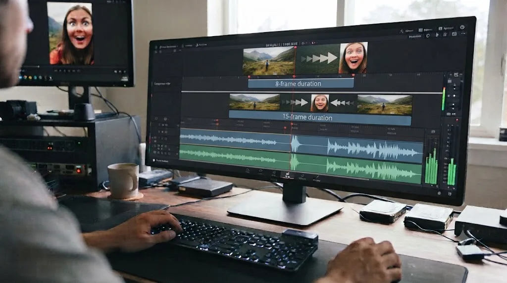 Illustration of a whoosh sound effect aligned with a zoom transition's peak frame in DaVinci Resolve