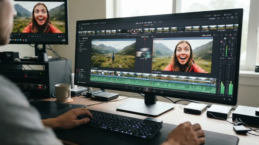 Illustration of a worked zoom transition example on a travel vlog timeline in DaVinci Resolve