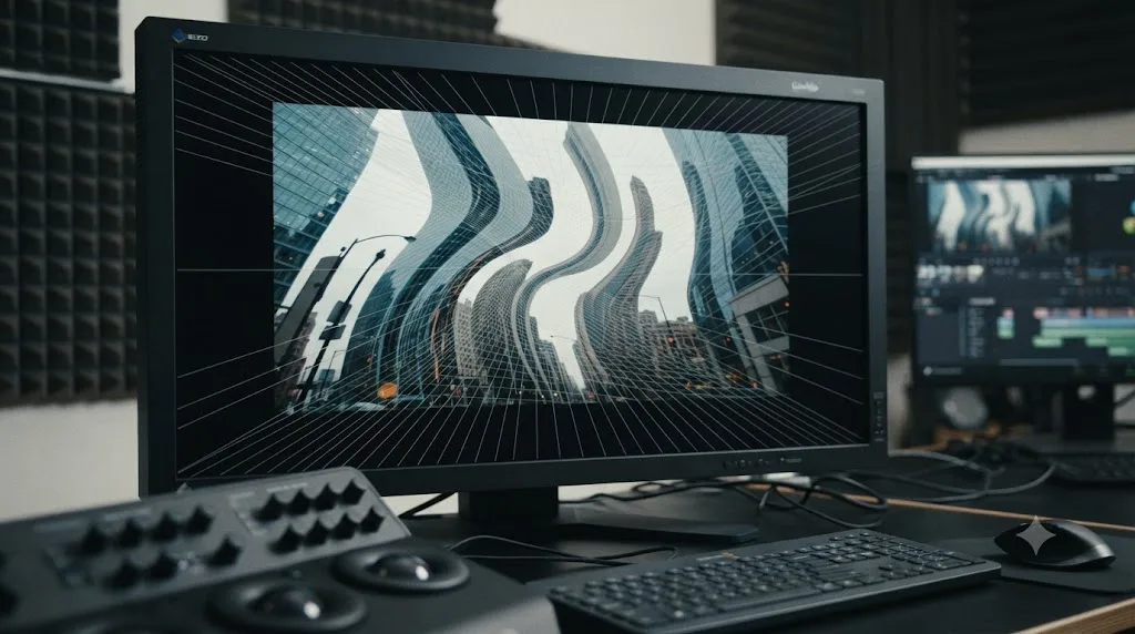 Illustration of a severely skewed whip-pan video frame with correction warp lines stretching unnaturally