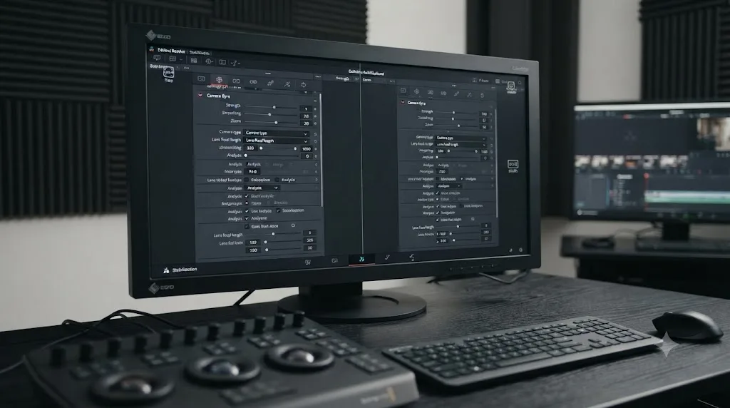 Illustration comparing identical Camera Gyro stabilization controls in DaVinci Resolve Free and Studio editions