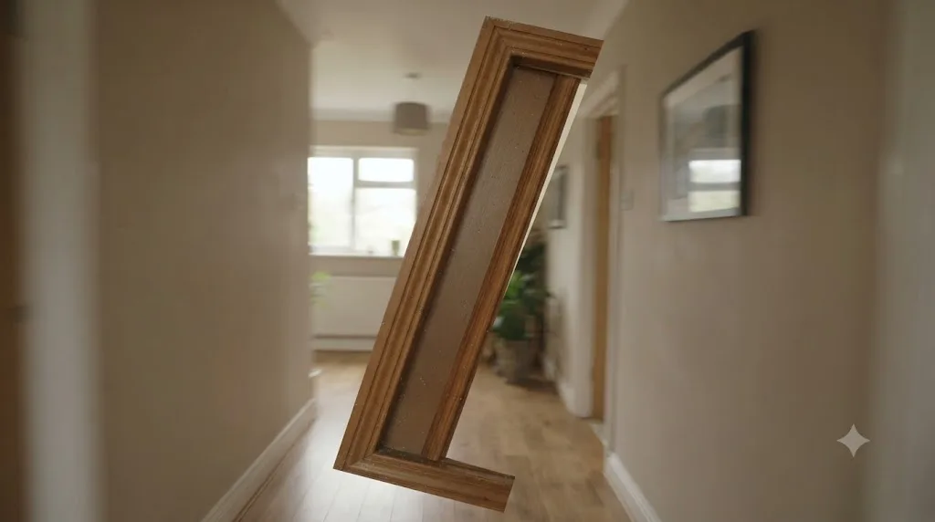 Illustration of a straight doorframe warped diagonally by rolling shutter distortion during a camera pan
