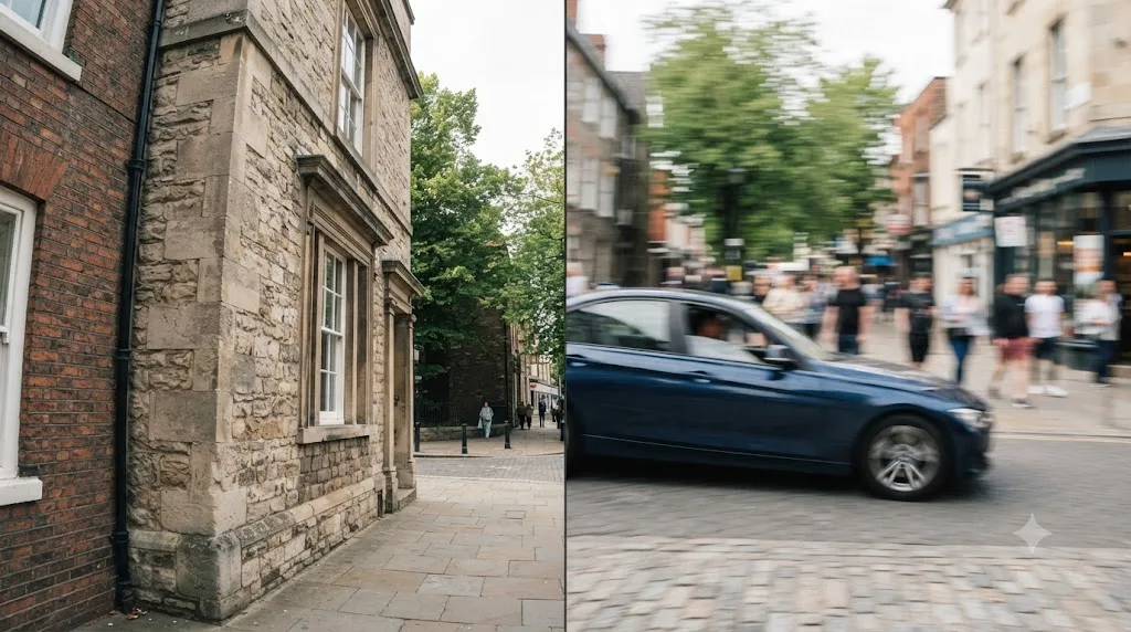 Illustration comparing static barrel lens distortion against motion-only rolling shutter skew in the same frame