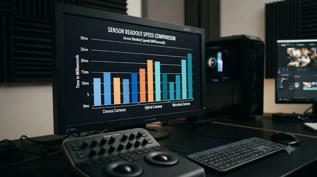 Illustration of a bar chart comparing sensor readout speeds in milliseconds across several cinema and mirrorless cameras