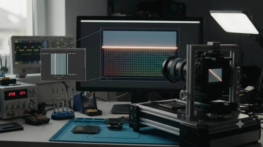 Illustration of a CMOS sensor scanning image rows from top to bottom with a visible time delay
