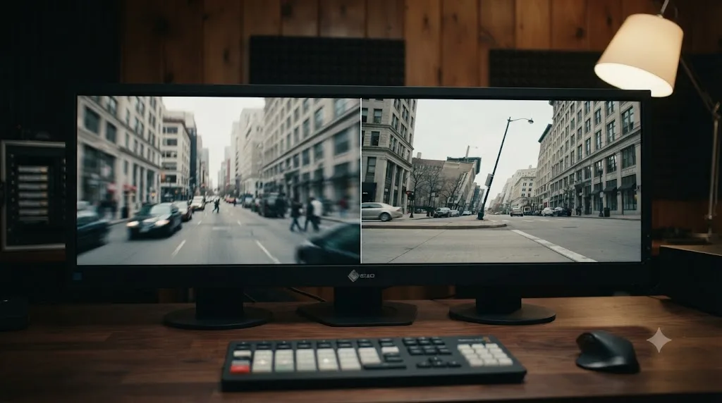 Illustration comparing whole-frame camera shake against localized rolling shutter skew within a single video frame
