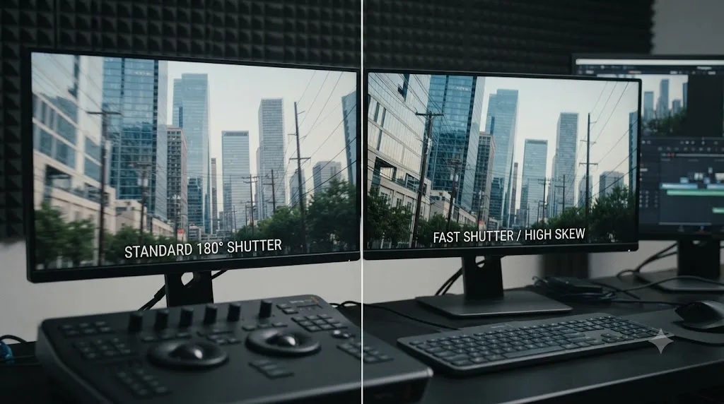 Illustration comparing a pan shot at a standard shutter angle against a fast shutter speed with more visible skew