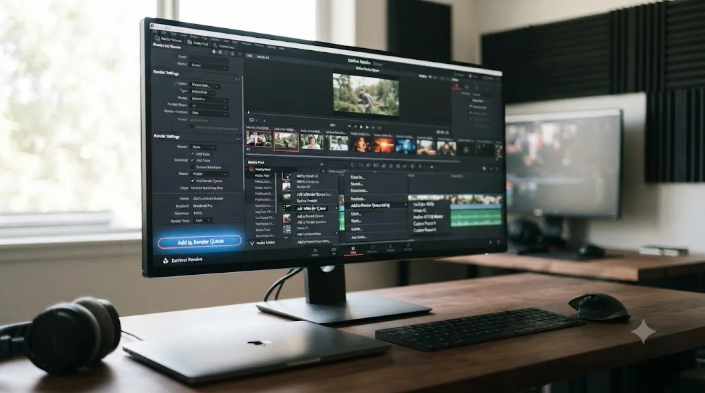 Illustration of DaVinci Resolve's Deliver page Add to Render Queue button beside a Media Pool right-click menu with render presets