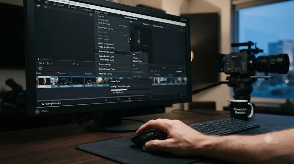 Illustration of DaVinci Resolve's Delete Render Cache option beside fresh cache building during an overnight render