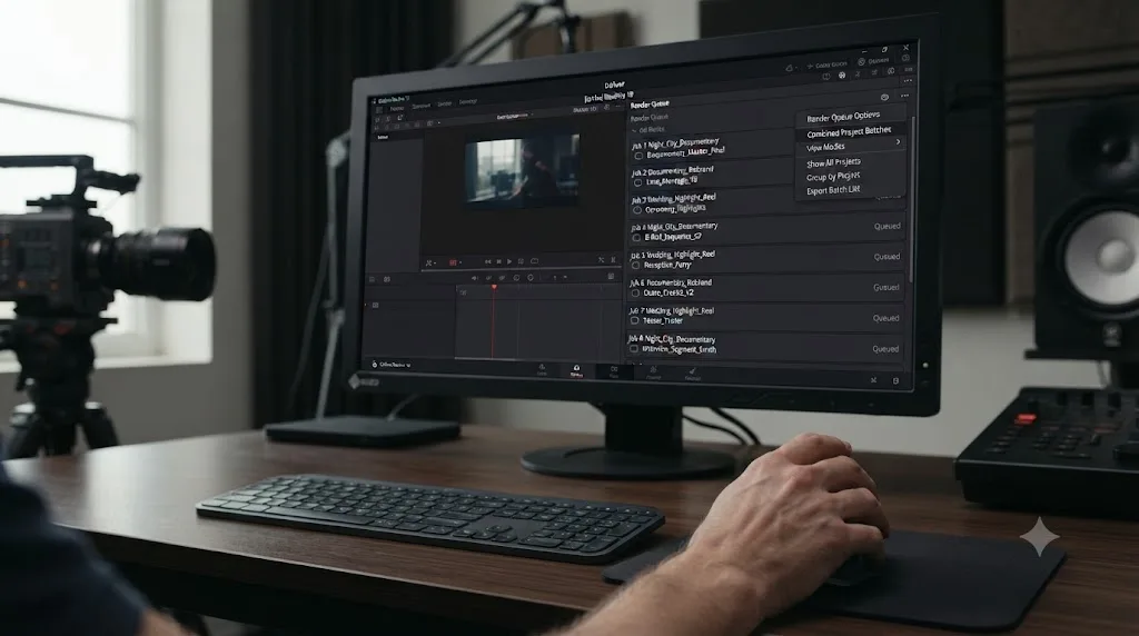 Illustration of a DaVinci Resolve Deliver page fly-out menu combining render queues from three separate projects