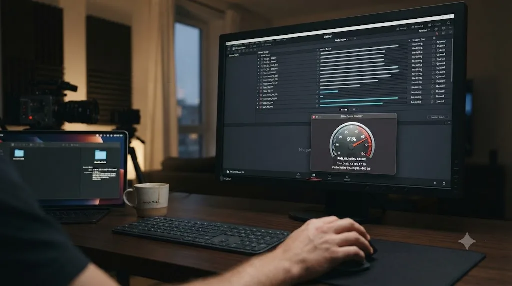 Illustration of a disk space gauge tracking cache buildup across a DaVinci Resolve overnight render queue