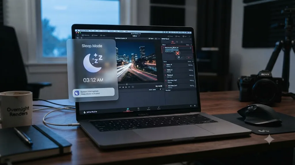 Illustration of a laptop with its lid open and plugged in, running a DaVinci Resolve render queue overnight